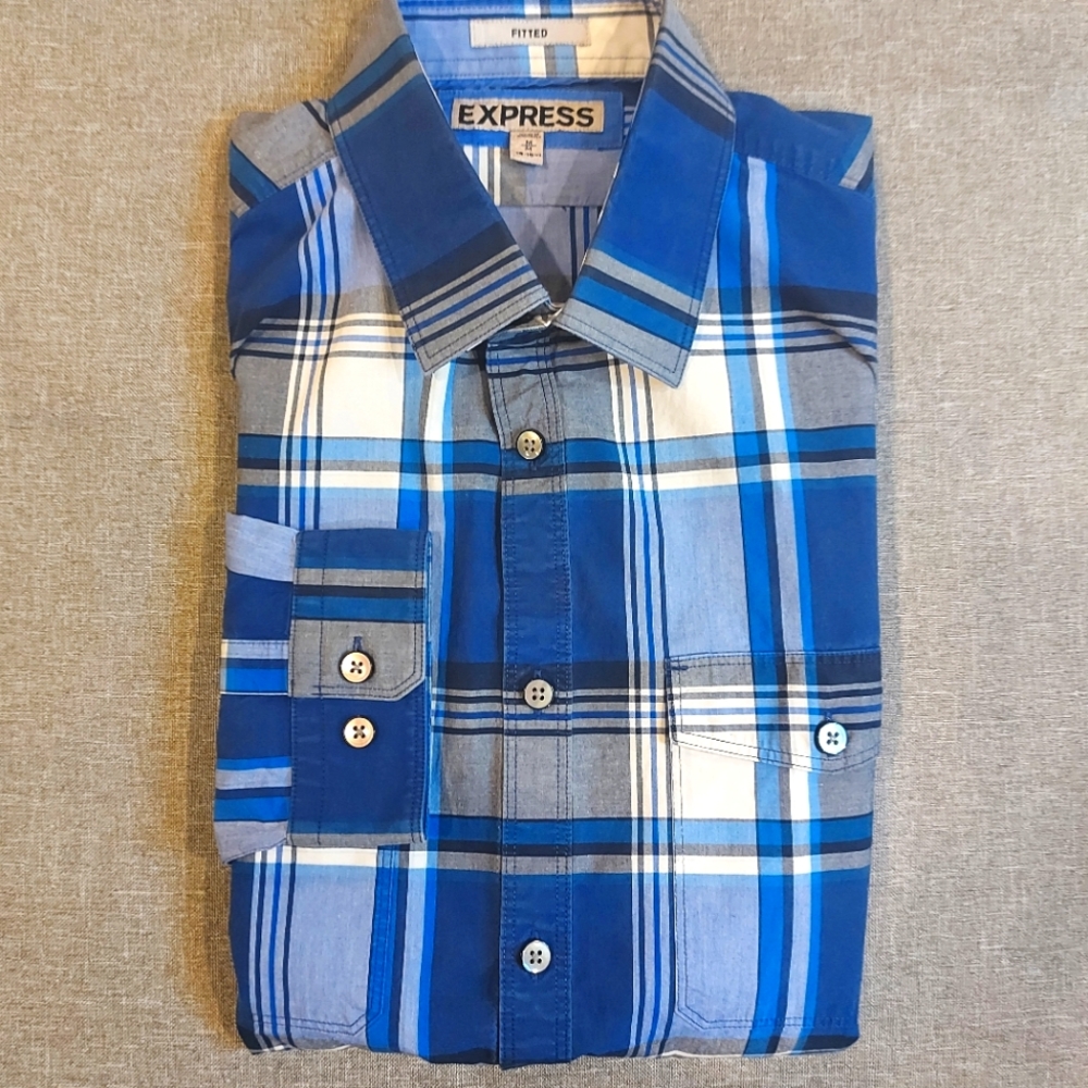 EXPRESS Fitted (Blue/white plaid) Dress Shirt